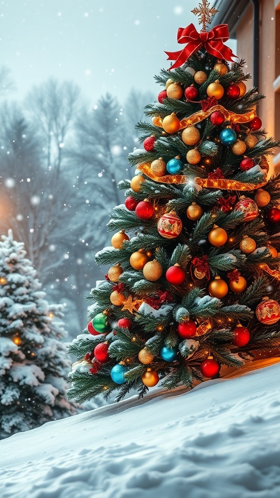 A vibrant Christmas scene with a decorated tree and snowflakes in a winter landscape.